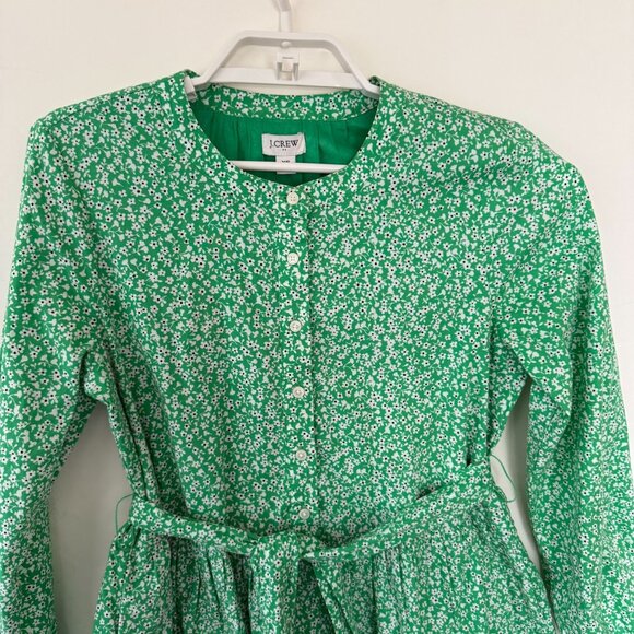 J.Crew Factory XS Green Floral Long-Sleeve A-Line Button-Up Dress With Belt Cott - Picture 2 of 9